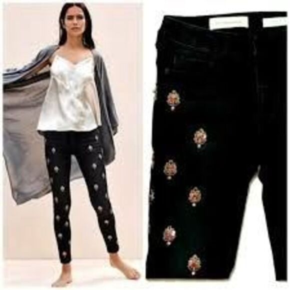 Anthropology Pilcro Script High Rise Embellished Skinny Jeans Black Boho Beaded